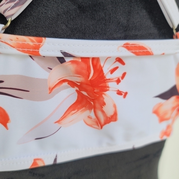 NwOT Shein Orange White Floral Print Swim Top High Neck Strap Sz Large L - Picture 9 of 11